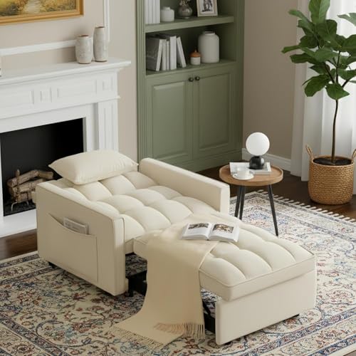 3 In 1 Velvet Convertible Sofa Bed, Pull Out Couch Bed with Reclining Backrest And 2 Pillows, 54" Full Size Loveseat Sleeper Sofa Futon Couch Bed, Couches For Small Spaces, Living Room (Cream White) - color: Cream White