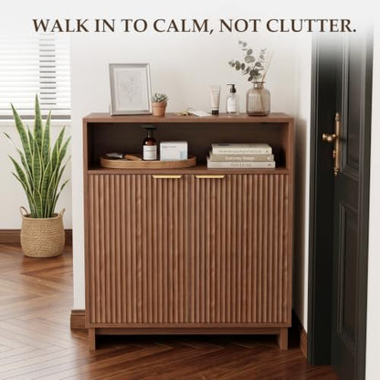 Buffet Cabinet with Storage, 31.5" Wide Kitchen Sideboard, Walnut | Mid Century Modern Wood Fluted Cabinet with Doors& Adjustable Shelves for Entryway Living Room Hallway Coffee Bar Dining Room - color: Walnut