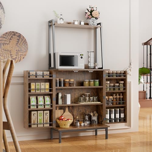 51" Kitchen Pantry Cabinet, Kitchen Storage Cabinet with Microwave Shelves, Small Coffee Bar Cabinet, Modern Kitchen Hutch with Microwave Stand, Adjustable Shelves, Food Pantry Cabinet for Dining Room - color: A-51" Retro Brown