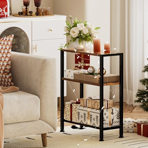 Narrow Side Table for Small Space, 2-Tier Small End Table with Shelf Holder, Slim Nightstand, Skinny Snack Couch Table in Living Room, Bedroom, Study, Kitchen and Balcony (Rustic Brown &Black) - color: Rustic Brown