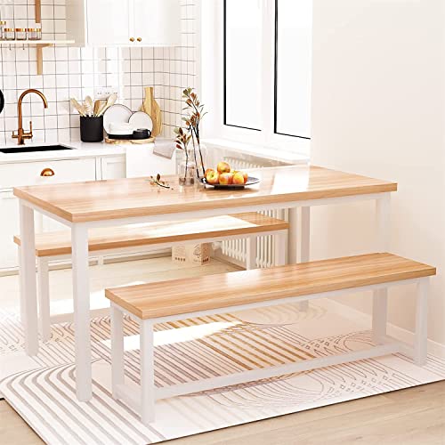 Dining Room Table Set with 2 Benches, Farmhouse Dining Table Set for 4, Wood Breakfast Dinner Table Set for Breakfast Nook Small Spaces, Beige - color: Oak