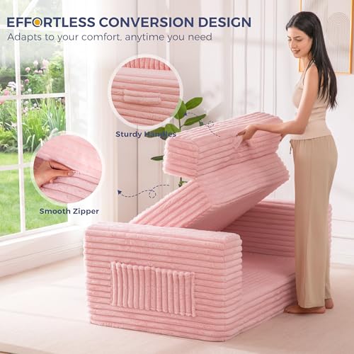 MAXYOYO Convertible Sofa Bed, Pull-Out Loveseat Couch Bed for Small Space | 2 in 1 Folding Couch Bed with Large Back Pillow, Plush Faux Fabric Lounge Couch for Living Room, Apartment, Pink - color: Pink