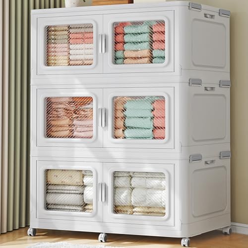 BROVIEW 660 Qt Extra Large Stackable Storage Bin with Lid, 3 Pack White | 165Gal Extra Large, Collapsible Storage Boxes with 3 Lids, Folding& Rolling Plastic Drawer, Heavy-Duty Cabinet Organization - color: White, size: 220QT-3pack