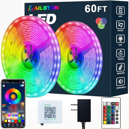 AILBTON Led Strip Lights,60ft Music Sync Color Changing, Built-in Mic,Bluetooth App Control LED Tape Lights with Remote,5050 RGB Rope Light Strips - size: 60FT