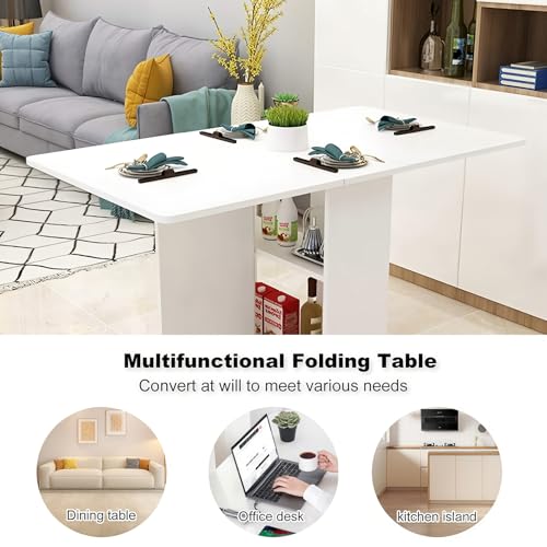 Folding Drop Leaf Dining Table with 6 Wheels & 2-Tier Storage Shelf, Space Saving Convertible Table for 2-6 People, Portable Kitchen Table or Desk for Small Apartments, White