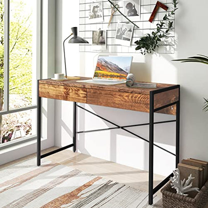 Tangkula Computer Desk with 2 Drawers, 44" Study Writing Table w/Heavy-Duty Steel Frame & Reinforced Structure, PC Desk with Storage for Home Office (Coffee) - color: Coffee