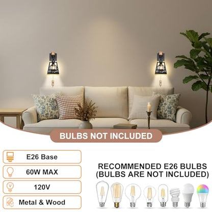 Plug in Wall Lamp,Bear Matte Black Metal 1 Pack Farmhouse Rustic Wall Sconces with Wood Arm,E26 Base Industrial Light for Bedroom,Bedside,Living Room,Indoor,Hallway,Bathroom,Porch,Stairway - color: Bear-Black