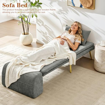wanan Sleeper Chair, 3-in-1 Chair Bed Sleeper for Adults, Futon Sofa Bed with Back Support & Pillow, Solid Wood Frame & Sturdy Metal Legs for Living Room, Bedroom, Gray