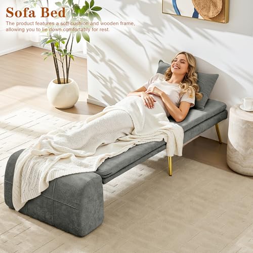 wanan Sleeper Chair, 3-in-1 Chair Bed Sleeper for Adults, Futon Sofa Bed with Back Support & Pillow, Solid Wood Frame & Sturdy Metal Legs for Living Room, Bedroom, Gray
