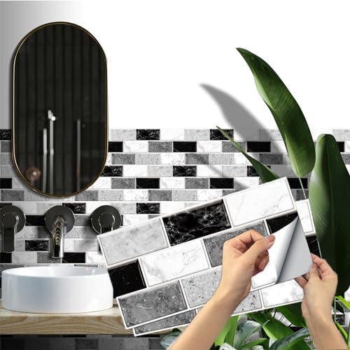 12-Sheet Peel and Stick Wallpaper, Subway Tile 6''x12'' Self Adhesive Wall Tiles Waterproof PVC Stick on Backsplash Vinyl Decorative Tiles Stickers for Kitchen Bathroom - color: Black-white