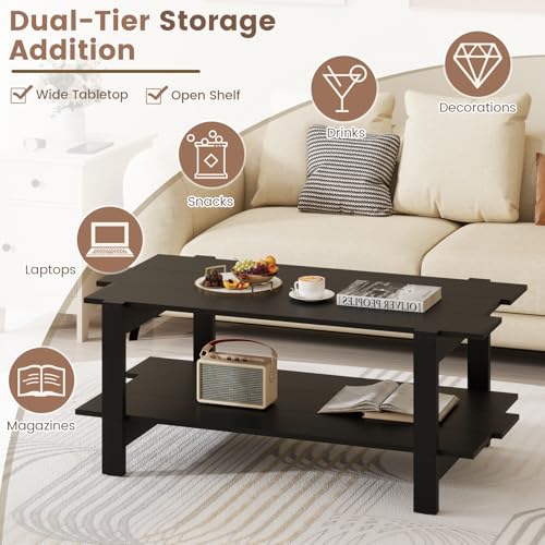 Giantex Coffee Table with Storage, 45 Inch Modern Center Table with Slatted Design & Side Rail Support, Rectangular Living Room Table for Small Spaces, Black - color: Black