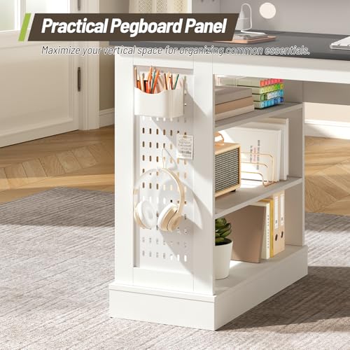 55-Inch Farmhouse Executive Desk with 2 Drawers and File Cabinet, Computer Desk with 3-Tier Storage Shelves, Home Office Desk with Charging Station, Pegboard and Monitor Shelf, White and Black - color: White and Black