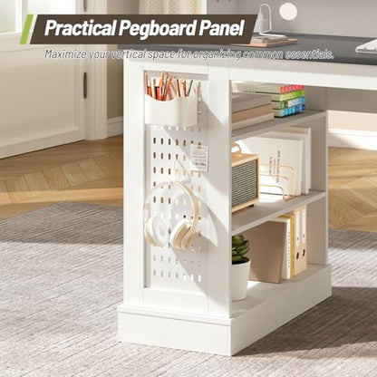 55-Inch Farmhouse Executive Desk with 2 Drawers and File Cabinet, Computer Desk with 3-Tier Storage Shelves, Home Office Desk with Charging Station, Pegboard and Monitor Shelf, White and Black - color: White and Black