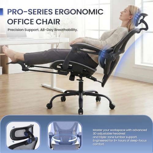 MALOL Ergonomic Mesh Office Chair with Footrest, Executive High Back Computer Desk Chair with 3D Adjustable Headrest & 5-Level Lumbar Support, Track Armrest, Tilt Lock, 300LBS, White - color: White