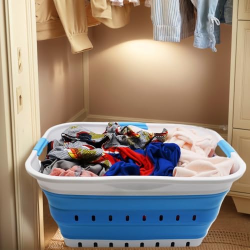 SAMMART 42L (11 gallon) Collapsible Plastic Laundry Basket - Foldable Pop Up Storage Container/Organizer - Portable Basket - Space Saving Hamper/Basket (2, White/Marine Blue) - color: White/Marine Blue