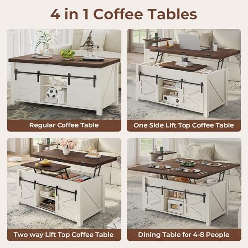 Lift Top Coffee Table for Living Room with 4 Sliding Barn Doors, 4 in 1 Farmhouse Coffee Table with Adjustable Shelves and Hidden Storage Compartment, Converts to Dining Table (Brown White)