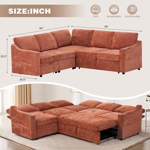 84" L-Shape Sectional Sofa Bed w/Adjustable Backrests, Orange | Chenille Upholstered Pull Out Sofa Bed w/USB Ports, Convertible Corner Sleeper Couch w/Storage Space for Living Room, - color: Orange, style: L-Shape