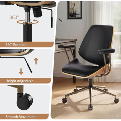Modern Mid Back Office Chair, Adjustable Swivel Desk Chair with Arms, Black | Faux leather seat, wood accent detail, mid-back with padded armrests, adjustable swivel, for home office, bedroom & study - color: Black, size: 1-Piece Back / No Headrest