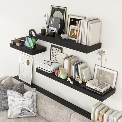48 Inch Floating Shelf, 12'' Deep Black Shelves for Wall Set of 1 | Invisible Brackets, Engineered Wood, Mounting Hardware Included, 50LBS, Bathroom, Laundry Room, Kitchen, Living Room - color: Black, size: 48W x 11.6D x 2H, 1 Pack