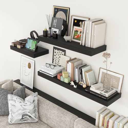 Deep Floating Shelves, 36'' x 12'' Black Shelves for Wall Set of 2 | Invisible Brackets, Engineered Wood, Mounting Hardware Included, 55LBS, Bathroom, Laundry Room, Kitchen, Living Room - color: Black, size: 35.6W x 11.6D x 2H, 2 Pack