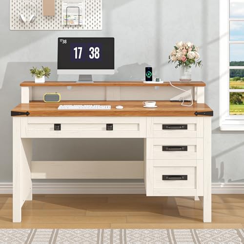 47" Farmhouse Computer Desk with 4 Drawers for Home Office, Bedroom | Executive Desk with Power Outlets, Home Office Desk with Monitor Stand, Small Desk Writing Study Table, Antique White - color: Brown and White