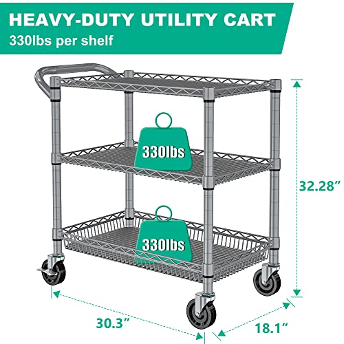 Folews Heavy Duty Rolling Cart with Wheels, 990LBS Metal Utility Cart | 3-Tier NSF Rolling Storage Organizer, Adjustable Shelves & Basket, Lockable Casters, Commercial Storage Trolley, Gray - style: Gray
