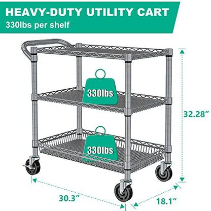 Folews Heavy Duty Rolling Cart with Wheels, 990LBS Metal Utility Cart | 3-Tier NSF Rolling Storage Organizer, Adjustable Shelves & Basket, Lockable Casters, Commercial Storage Trolley, Gray - style: Gray