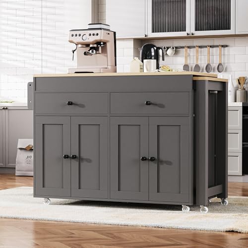 74" Extendable Rolling Kitchen Island, Portable Kitchen Island, Kitchen Island on Wheels with Lockable Casters for Kitchen Dining Spaces, Grey