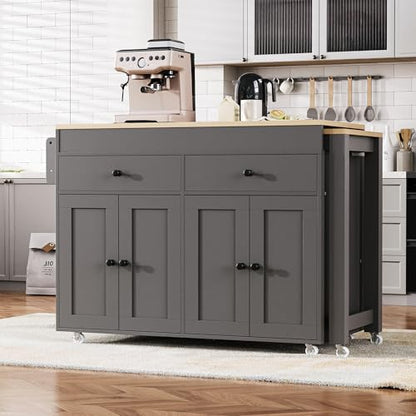 74" Extendable Rolling Kitchen Island, Portable Kitchen Island, Kitchen Island on Wheels with Lockable Casters for Kitchen Dining Spaces, Grey