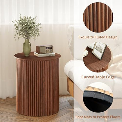 Round Fluted Side Table Set of 2, 17.7" Mid-Century Modern End Tables, Wooden Bedside Table Round Nightstand Small Circle Sofa Accent Table for Living Room, Bedroom Home(Walnut) - color: Walnut, size: 17.7"D x 17.7"W x 21.6"H