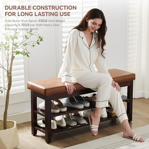 40" Entryway Bench, Shoe Storage Bench, Light Brown | Leather Cushion, Shoe Rack, End of Bed Bench for Front Door Entrance, Mudroom - color: Light Brown