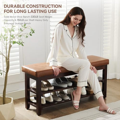 40" Entryway Bench, Shoe Storage Bench, Light Brown | Leather Cushion, Shoe Rack, End of Bed Bench for Front Door Entrance, Mudroom - color: Light Brown