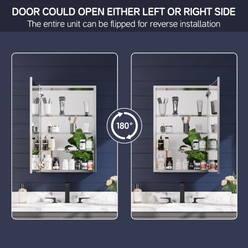 Medicine Cabinet Mirror 20"W x 30"H, Bathroom Beveled Edge Mirror Cabinet | Medicine Cabinets with Adjustable Glass Shelves, Soft-Closed Hinge, Chrome Aluminum Frame, Reverse Installation - size: 20" x 30"(Beveled)