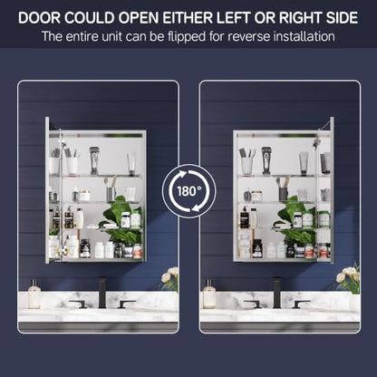 Medicine Cabinet Mirror 20"W x 30"H, Bathroom Beveled Edge Mirror Cabinet | Medicine Cabinets with Adjustable Glass Shelves, Soft-Closed Hinge, Chrome Aluminum Frame, Reverse Installation - size: 20" x 30"(Beveled)