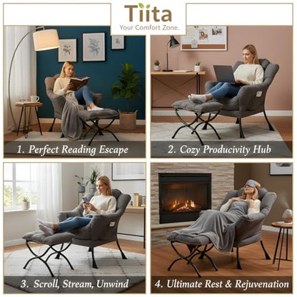 Lazy Chair with Ottoman, Comfy Reading Accent Chair, Dark Grey | Foldable Footrest, Padded Seat and Backrest, Side Pocket for Lounging in Living Rooms, Bedrooms, Dorms and Small Spaces - color: Dark Grey