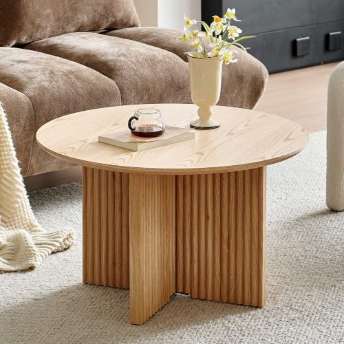27" Round Coffee Table, Mid Century Modern Coffee Tables with Fluted Base, Wooden Circle Accent Center Table for Living Room Small Space Apartment Office, Oak - color: Oak, size: 27" Cross-leg Table