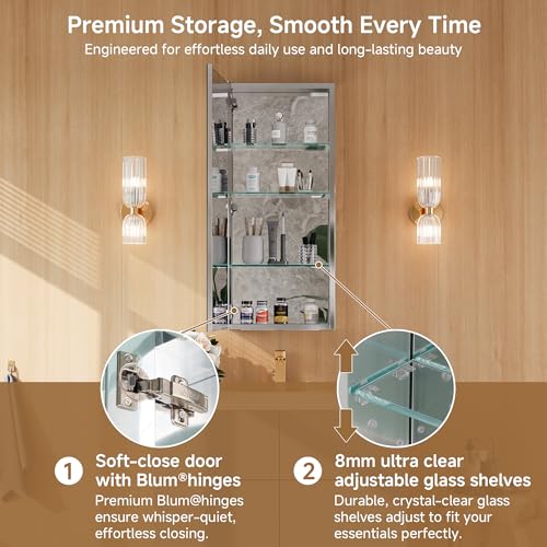 16" x 36" Bathroom Medicine Cabinet with Mirror, Recessed or Wall Mount | Medicine Cabinets with Adjustable Glass Shelves, Soft-Closed Hinge, Chrome Aluminum Frame, Reverse Installation - size: 16" x 36"