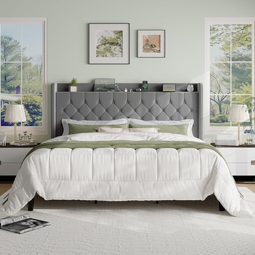 SHA CERLIN King Size Platform Bed Frame with Charging Station, Velvet Wingback Headboard with Storage Shelf, Wooden Slats Support, Ample Under-Bed Space, No Box Spring Needed, Easy Assembly, Grey - color: Grey, size: King