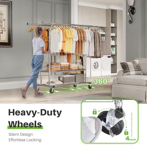 HOKEEPER Heavy Duty Clothes Rack Load 635 LBS, Double Rod with Metal Basket | Adjustable Clothing Rack, Rolling Garment Rack with Wheels for Bedroom, Living Room, Large Storage Space, 21.6"Dx71"Wx68"H - color: Silver
