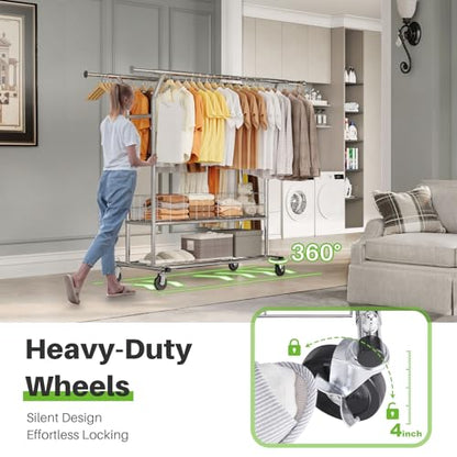 HOKEEPER Heavy Duty Clothes Rack Load 635 LBS, Double Rod with Metal Basket | Adjustable Clothing Rack, Rolling Garment Rack with Wheels for Bedroom, Living Room, Large Storage Space, 21.6"Dx71"Wx68"H - color: Silver