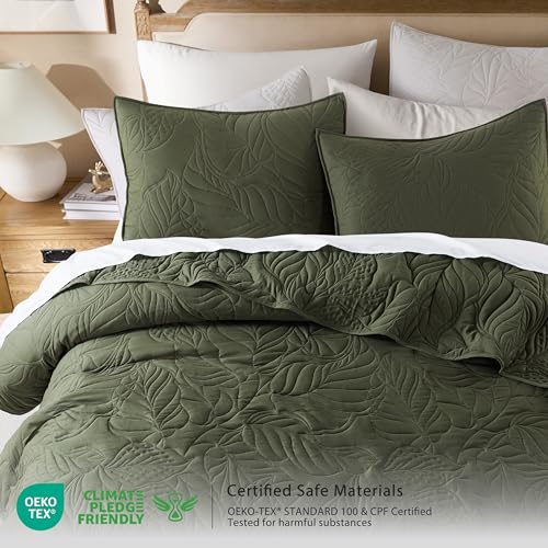 R.SHARE Olive Green Twin Size Quilt Set, Soft Lightweight Bedspread, Farmhouse Rustic Country Coverlet, Leaf Pattern Bedding with 1 Shams, 2 Pieces Spring Summer Thin Comforter - color: Olive Green, size: Twin (68"x90")