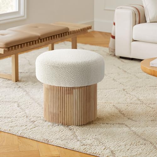 LuxenHome 15.5" Small Storage Ottoman with Padded Seat and Fluted Wood Base | Upholstered Footstool, Hidden Storage, Ivory Padded Seat, Fluted Wood Base, Vanity Stool, Small Footrest Stool