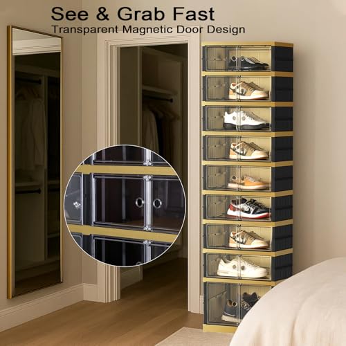 SYNCVIBE Foldable Shoe Rack, 9-Tier, 18 Pairs, 17.3" Wide, Black Gold | Foldable Shoe Organizer, Collapsible Shoe Cabinet with Doors, Stackable Shoe Shelves for Closet, Entryway and Living Room - size: 9 Tiers -18 Pairs Black Gold
