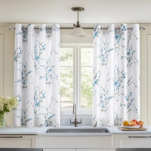 MYSKY HOME Short Sage Floral Curtains 45 Inch Long for Small Window | Thermal Insulated Light Filtering Soft Curtains for Bedroom Bathroom Grommet Top Leaf Flower Drapes, 52" W, 2 Panels, Sage - color: B-sage, size: 52"W x 45"L (Pack of 2)