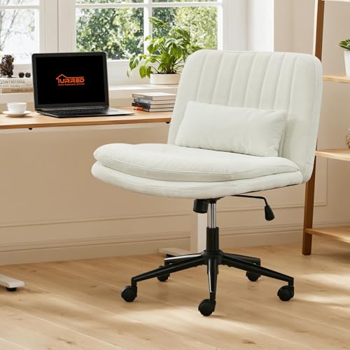URRED Criss Cross Office Chair, Cross Legged Office Seat with Wheels Armless Swivel Vanity Chair, Height Adjustable Wide Computer Task Seating for Home Office (White) - color: White