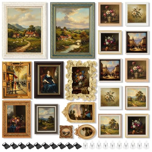 Kathfly 20 Pack Vintage Picture Frames for Wall,Simple Style | Tabletop Display Ornate, French Country Frames, Farmhouse Decor, Antique Wall Frame Set for Gallery Bedroom Living Room Decor - style: Simple Style