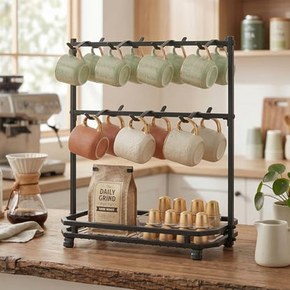 Coffee Mug Holder for Countertop, 14 Hooks Metal Coffee Cup Holder Rack | Mug Tree Stand with Storage Base for K Cup Coffee Pod Paper Cups Tea Bag, 2 Tier, Black - color: 2-Tier