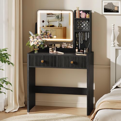 Fluted Makeup Vanity Desk with Mirror and Lights | Small Vanity with 3 Lighting Modes Adjustable Brightness, Jewelry Storage Cabinet and 2 Drawers, Black - color: Black