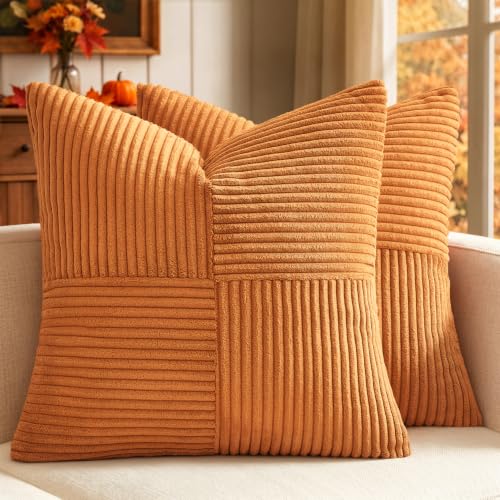 MIULEE Fall Burnt Decorative Throw Pillow Covers for Couch 18x18 Inch | 2 Pack, Boho Farmhouse Pillow Covers, Soft Cross Corduroy Patchwork Textured Cushion Cases For Bed Sofa - color: Burnt, size: 18" x 18" (Pack of 2)