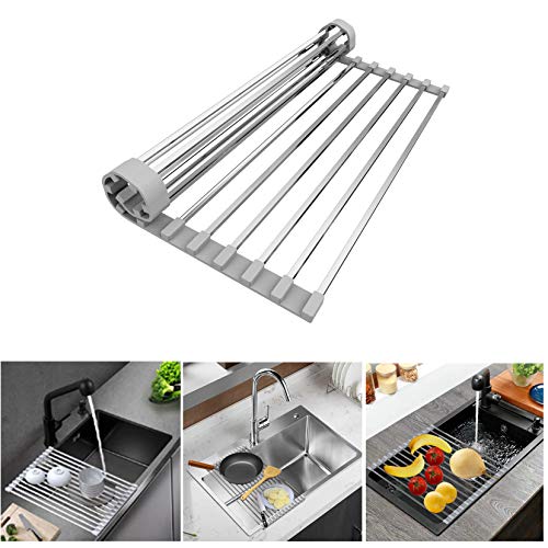 LUEXBOX Roll Up Dish Drying Rack, 17 inch Stainless Steel in Sink Dish Drying Rack, Multipurpose Foldable Kitchen Sink Rack Mat for Dishes, Cups, Fruits Vegetables, Multi-Use Drying, Draining - color: Silvery Grey